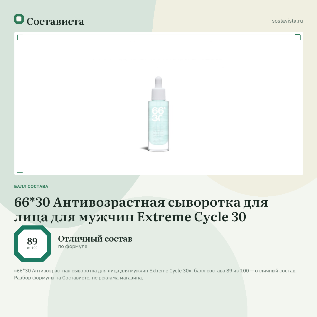 66*30 Антивозрастная сыворотка для лица для мужчин Extreme Cycle 30: балл состава 89 из 100 — Состависта