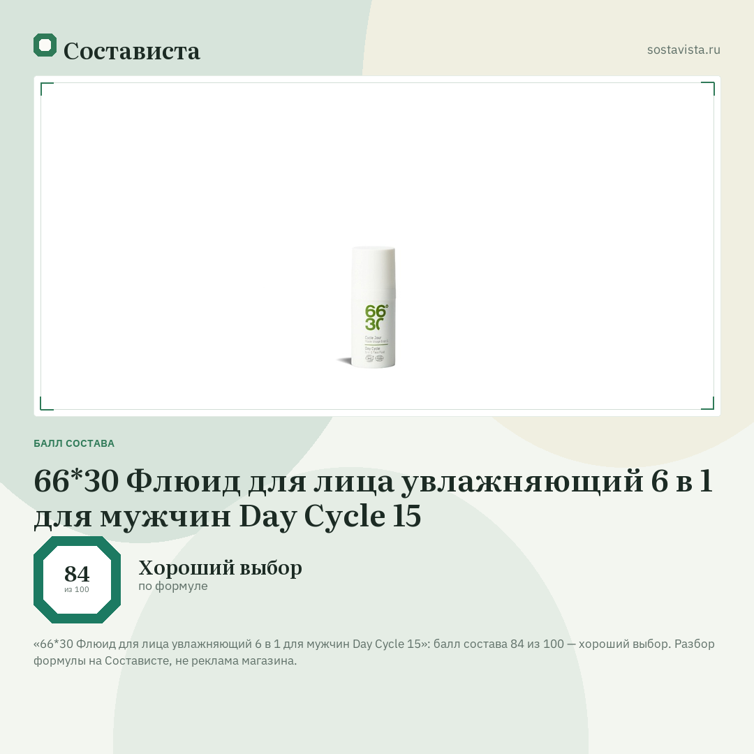 66*30 Флюид для лица увлажняющий 6 в 1 для мужчин Day Cycle 15: балл состава 84 из 100 — Состависта