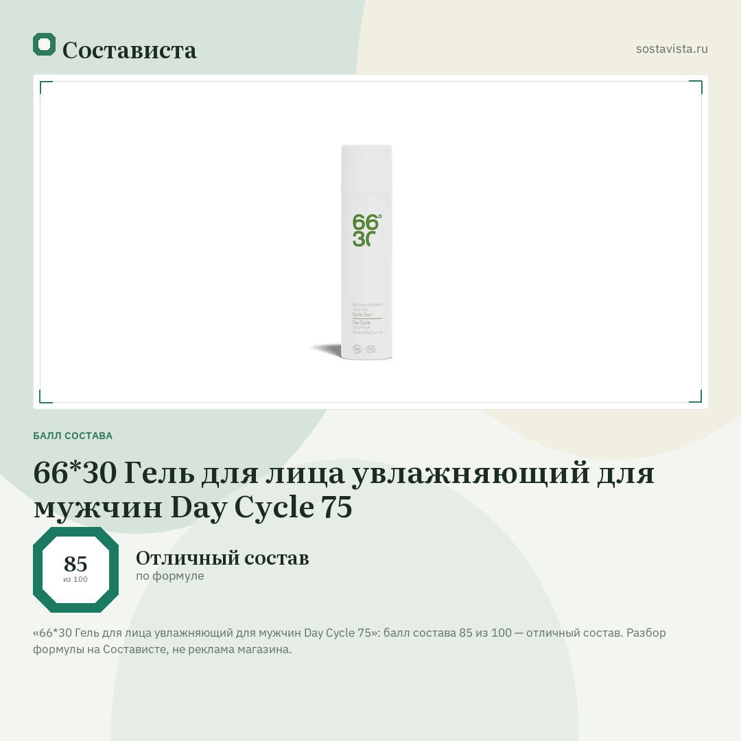 66*30 Гель для лица увлажняющий для мужчин Day Cycle 75: балл состава 85 из 100 — Состависта