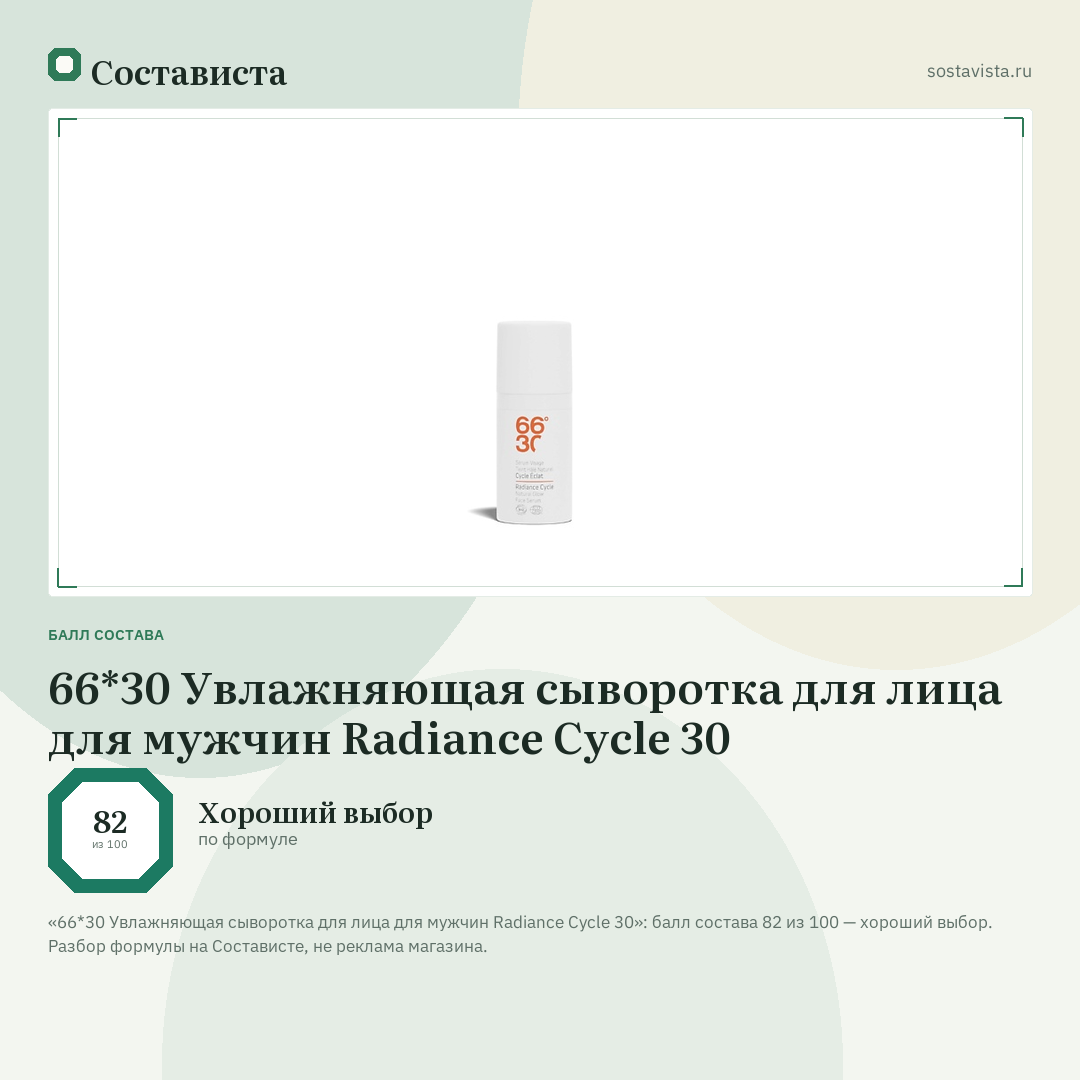 66*30 Увлажняющая сыворотка для лица для мужчин Radiance Cycle 30: балл состава 82 из 100 — Состависта