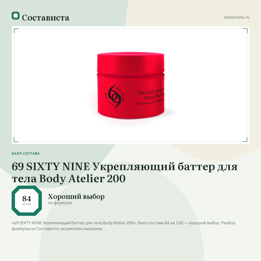 69 SIXTY NINE Укрепляющий баттер для тела Body Atelier 200: балл состава 84 из 100 — Состависта