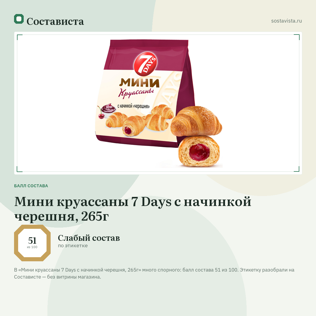 Мини круассаны 7 Days c начинкой черешня, 265г: балл состава 51 из 100 — Состависта