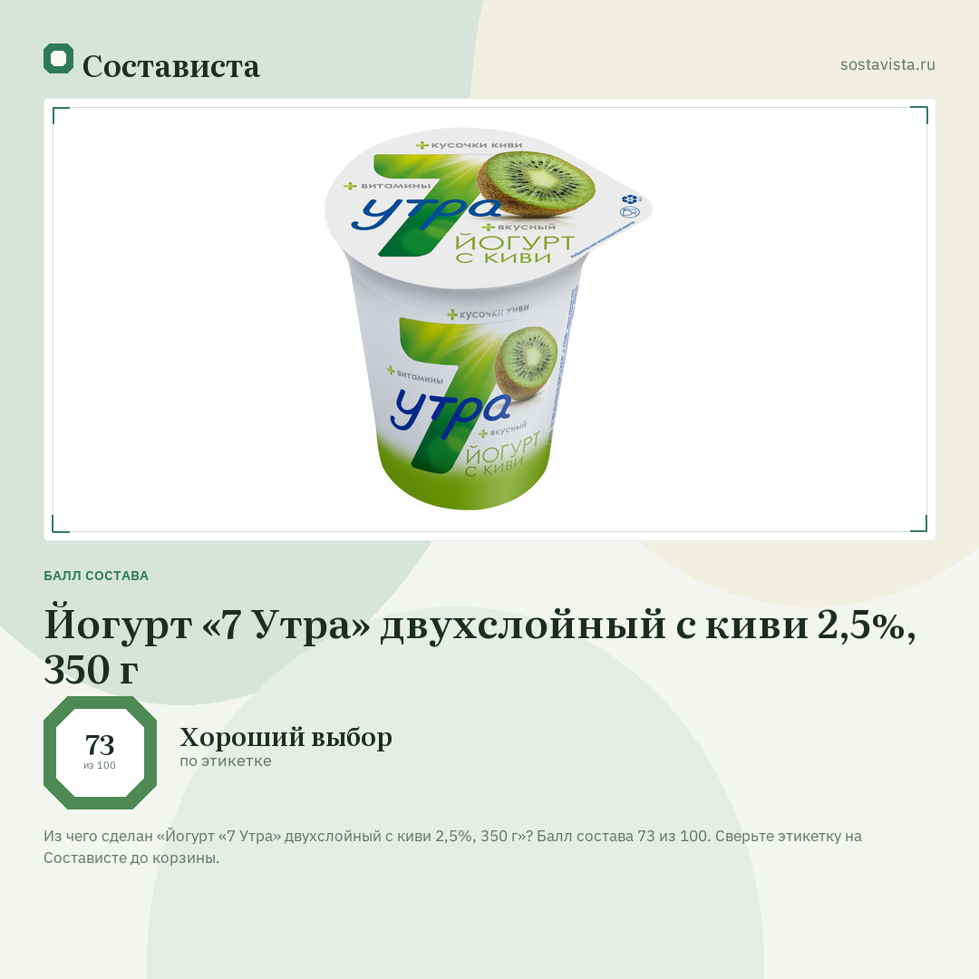 Йогурт «7 Утра» двухслойный с киви 2,5%, 350 г: балл состава 73 из 100 — Состависта