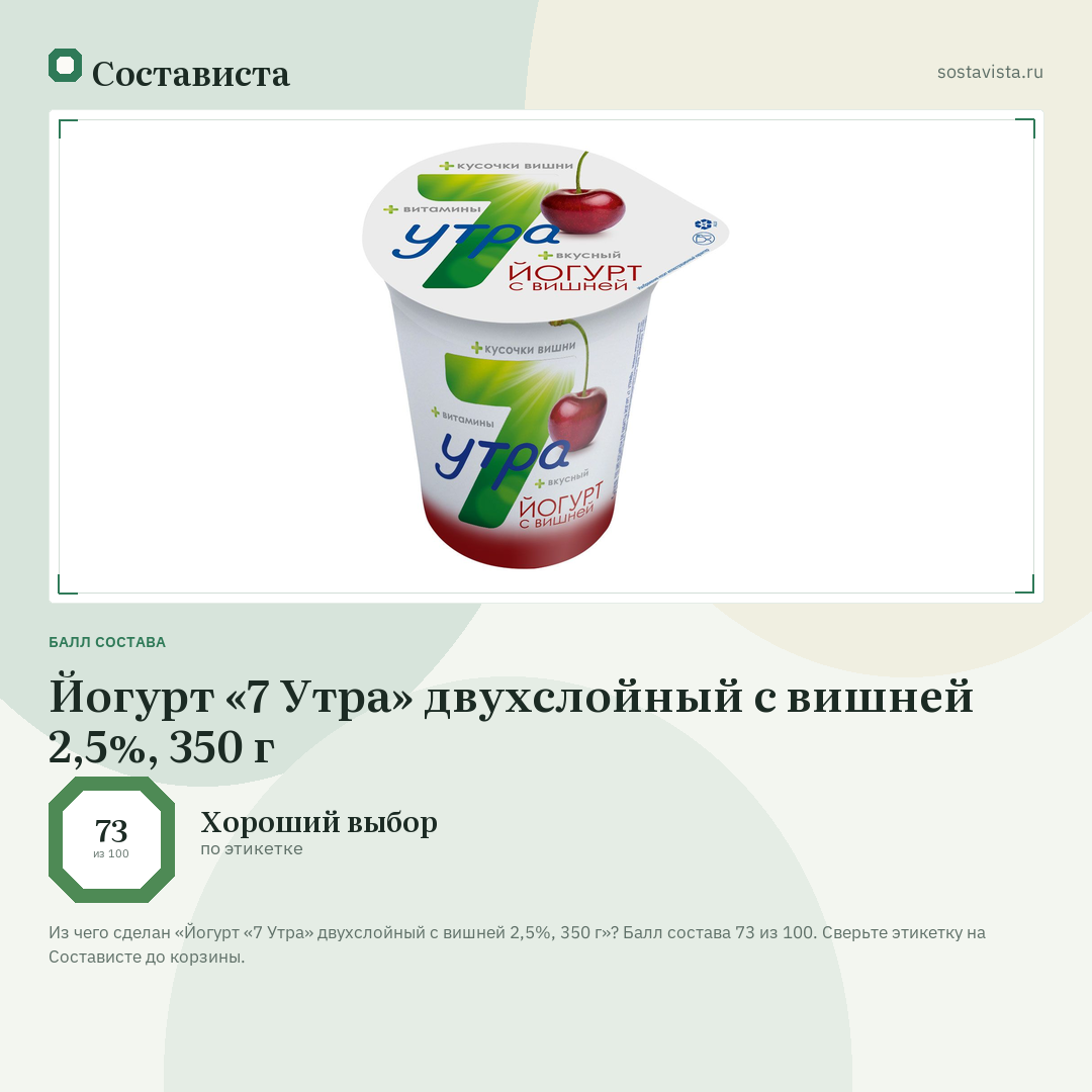 Йогурт «7 Утра» двухслойный с вишней 2,5%, 350 г: балл состава 73 из 100 — Состависта