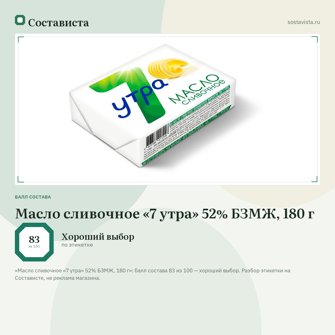 Масло сливочное «7 утра» 52% БЗМЖ, 180 г: балл состава 83 из 100 — Состависта