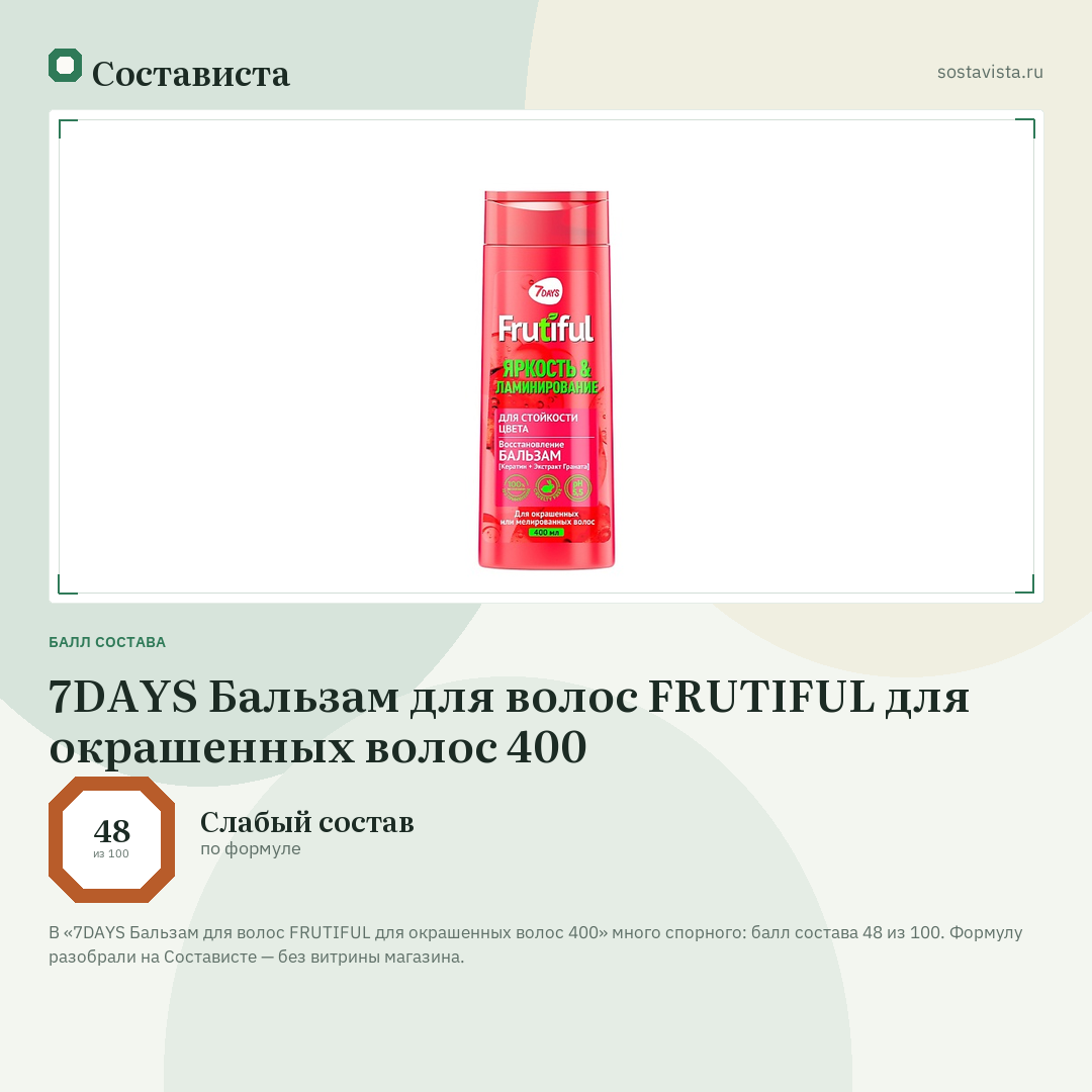 7DAYS Бальзам для волос FRUTIFUL для окрашенных волос 400: балл состава 48 из 100 — Состависта
