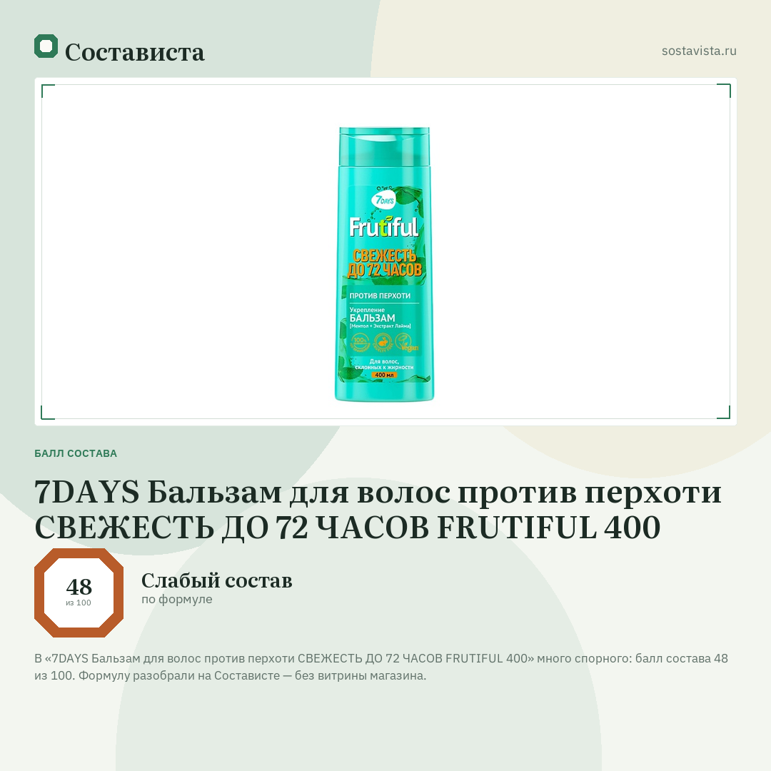 7DAYS Бальзам для волос против перхоти СВЕЖЕСТЬ ДО 72 ЧАСОВ FRUTIFUL 400: балл состава 48 из 100 — Состависта