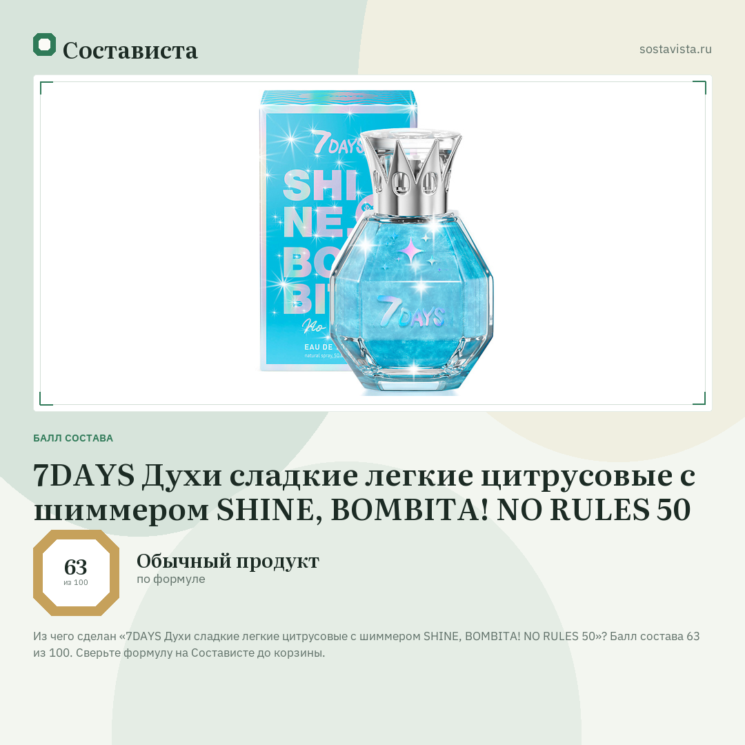 7DAYS Духи сладкие легкие цитрусовые с шиммером SHINE, BOMBITA! NO RULES 50: балл состава 63 из 100 — Состависта
