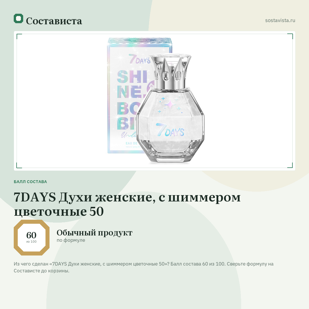 7DAYS Духи женские, с шиммером цветочные 50: балл состава 60 из 100 — Состависта