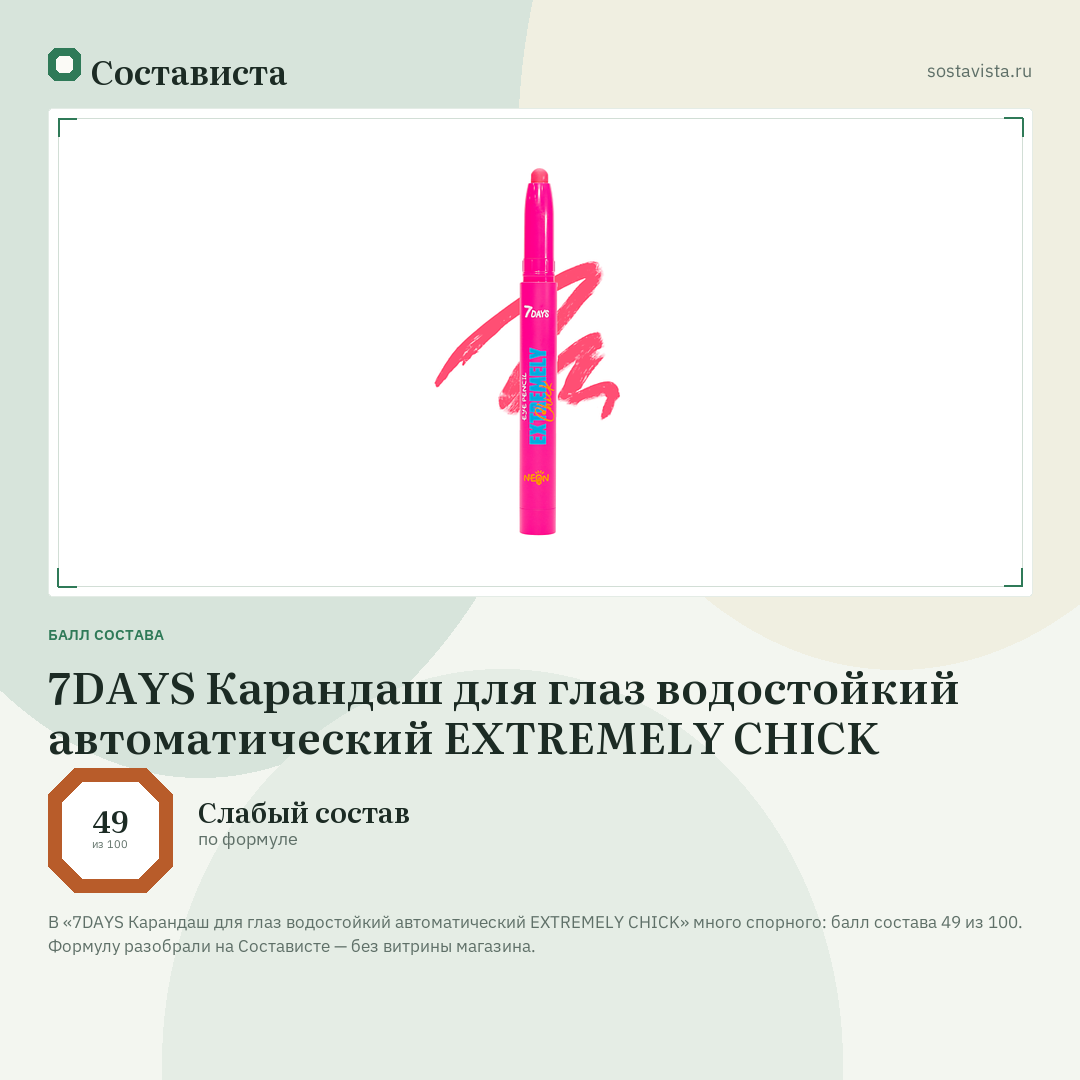 7DAYS Карандаш для глаз водостойкий автоматический EXTREMELY CHICK: балл состава 49 из 100 — Состависта