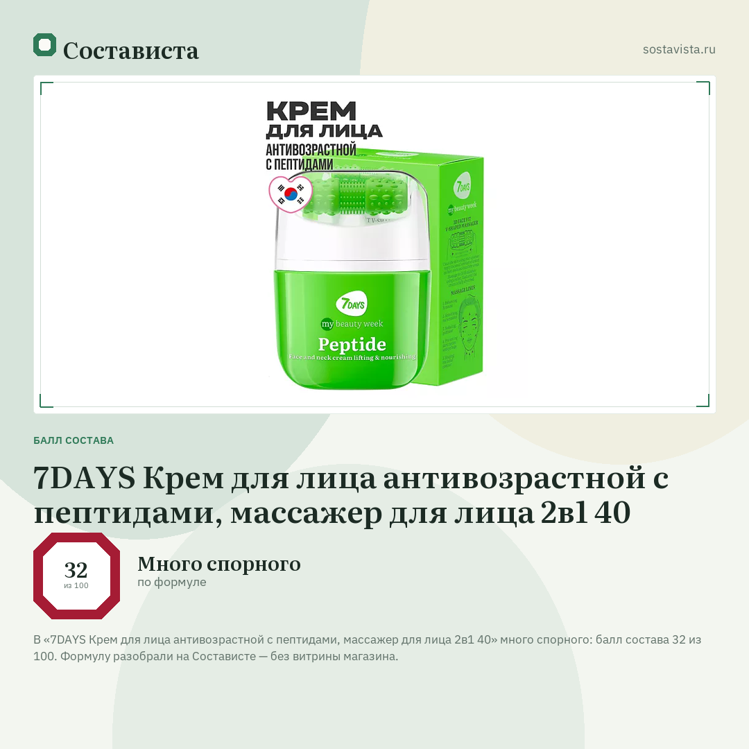 7DAYS Крем для лица антивозрастной с пептидами, массажер для лица 2в1 40: балл состава 32 из 100 — Состависта