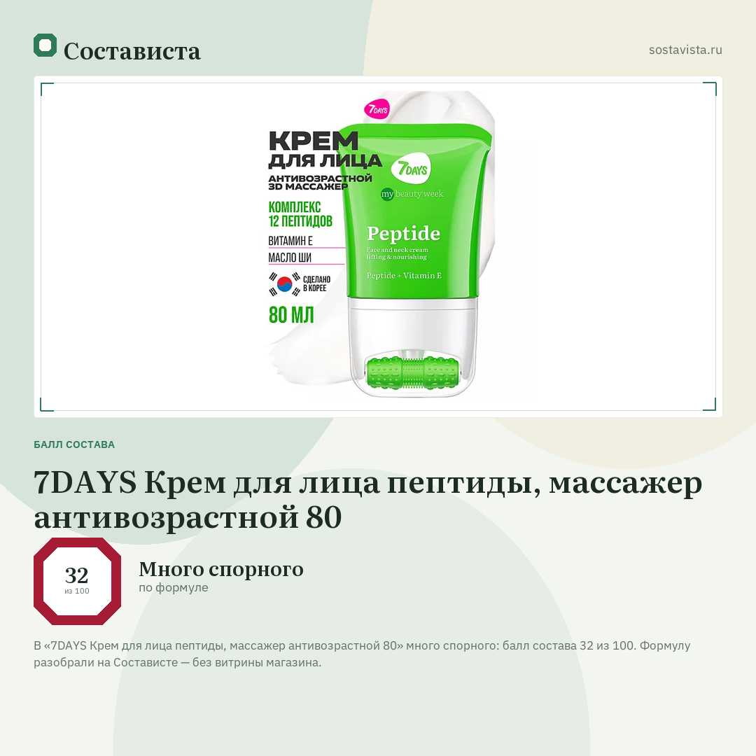 7DAYS Крем для лица пептиды, массажер антивозрастной 80: балл состава 32 из 100 — Состависта