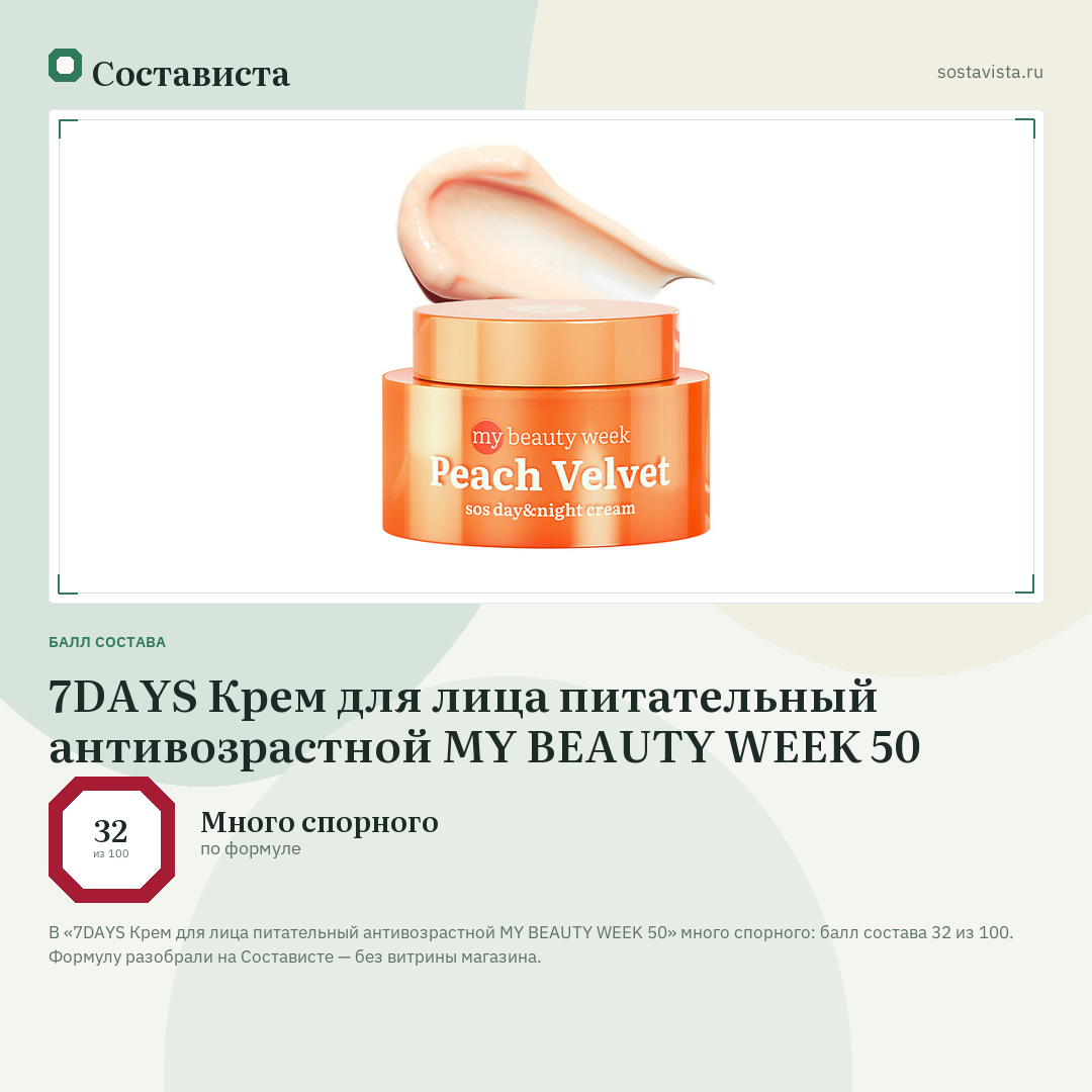 7DAYS Крем для лица питательный антивозрастной MY BEAUTY WEEK 50: балл состава 32 из 100 — Состависта
