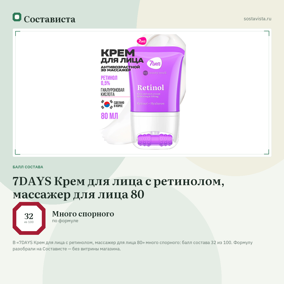 7DAYS Крем для лица с ретинолом, массажер для лица 80: балл состава 32 из 100 — Состависта