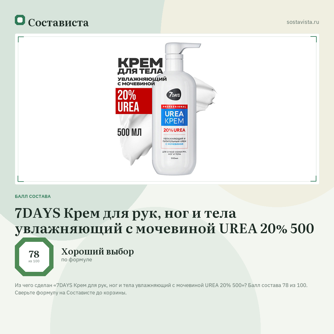 7DAYS Крем для рук, ног и тела увлажняющий с мочевиной UREA 20% 500: балл состава 78 из 100 — Состависта