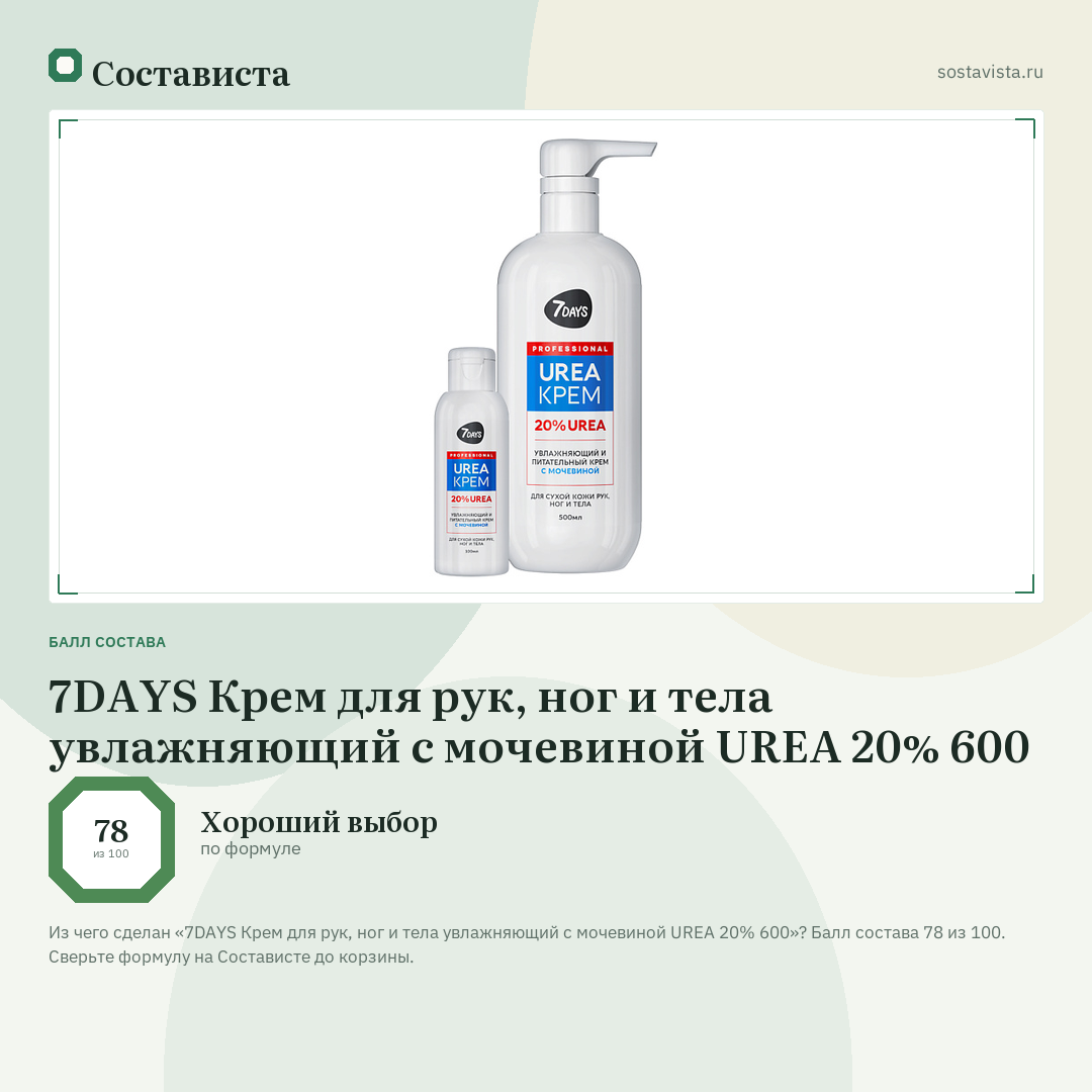 7DAYS Крем для рук, ног и тела увлажняющий с мочевиной UREA 20% 600: балл состава 78 из 100 — Состависта