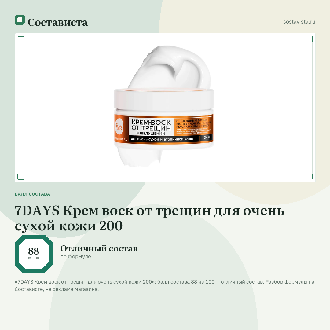 7DAYS Крем воск от трещин для очень сухой кожи 200: балл состава 88 из 100 — Состависта