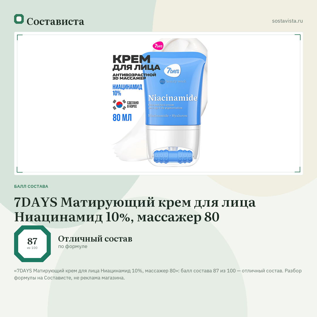 7DAYS Матирующий крем для лица Ниацинамид 10%, массажер 80: балл состава 87 из 100 — Состависта