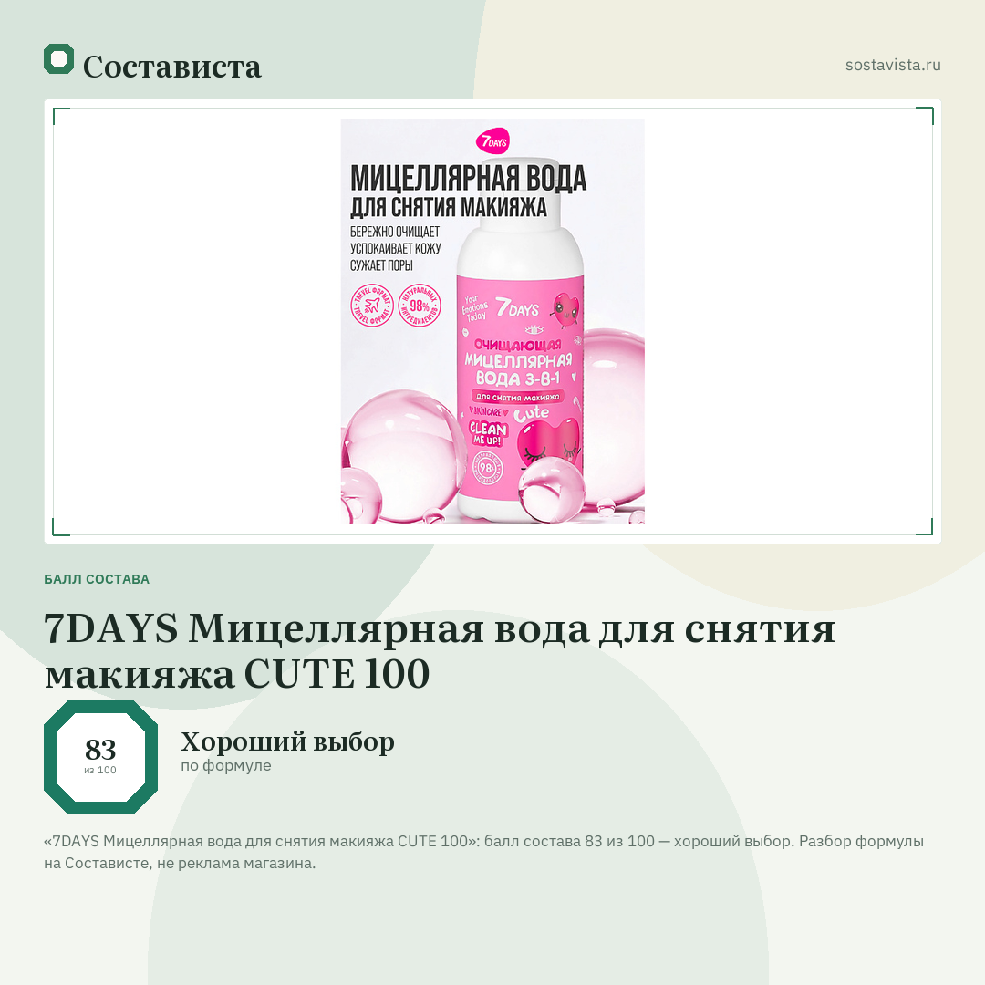 7DAYS Мицеллярная вода для снятия макияжа CUTE 100: балл состава 83 из 100 — Состависта