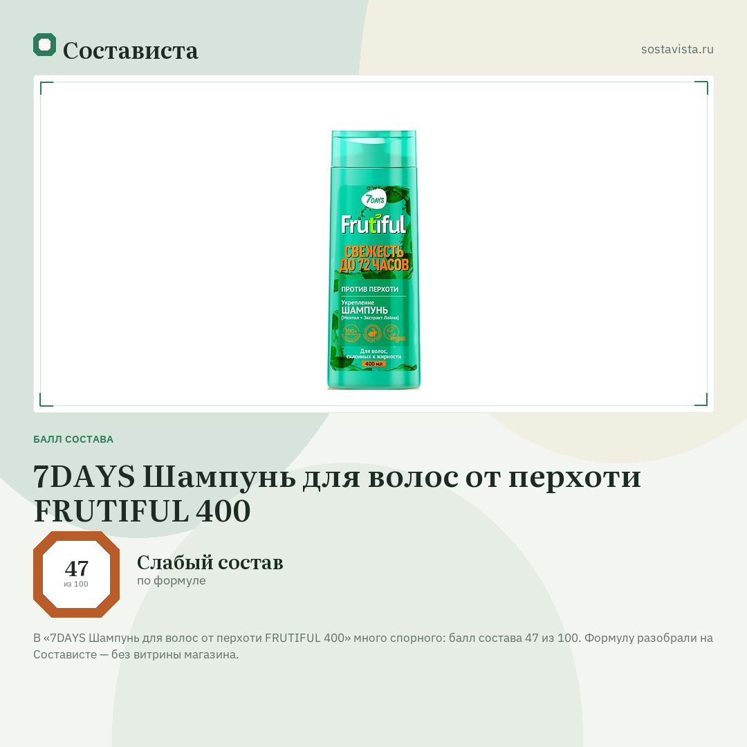 7DAYS Шампунь для волос от перхоти FRUTIFUL 400: балл состава 47 из 100 — Состависта