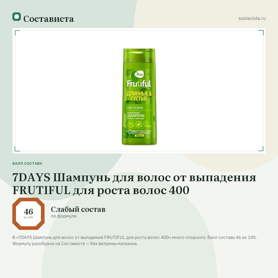 7DAYS Шампунь для волос от выпадения FRUTIFUL для роста волос 400: балл состава 46 из 100 — Состависта