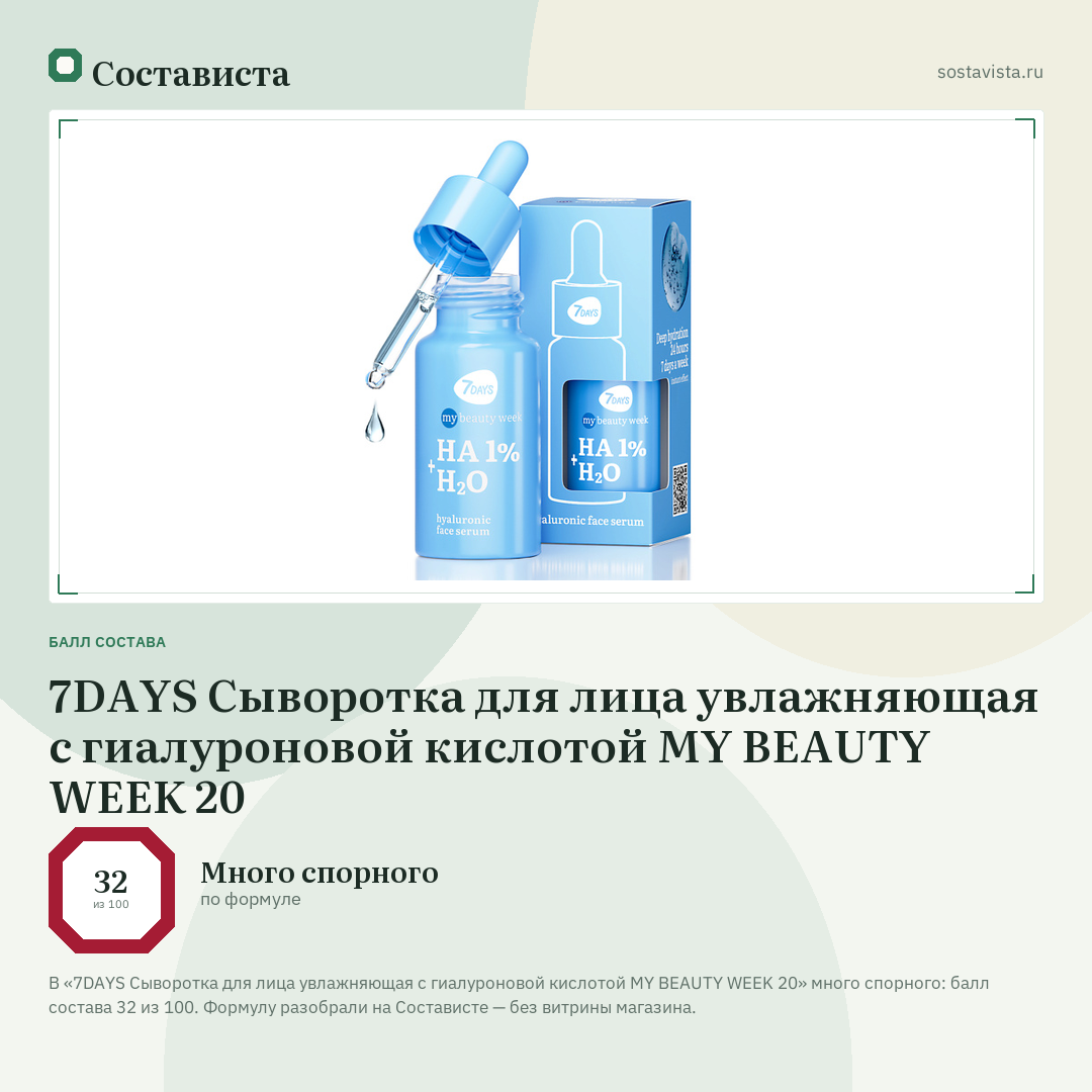 7DAYS Сыворотка для лица увлажняющая с гиалуроновой кислотой MY BEAUTY WEEK 20: балл состава 32 из 100 — Состависта