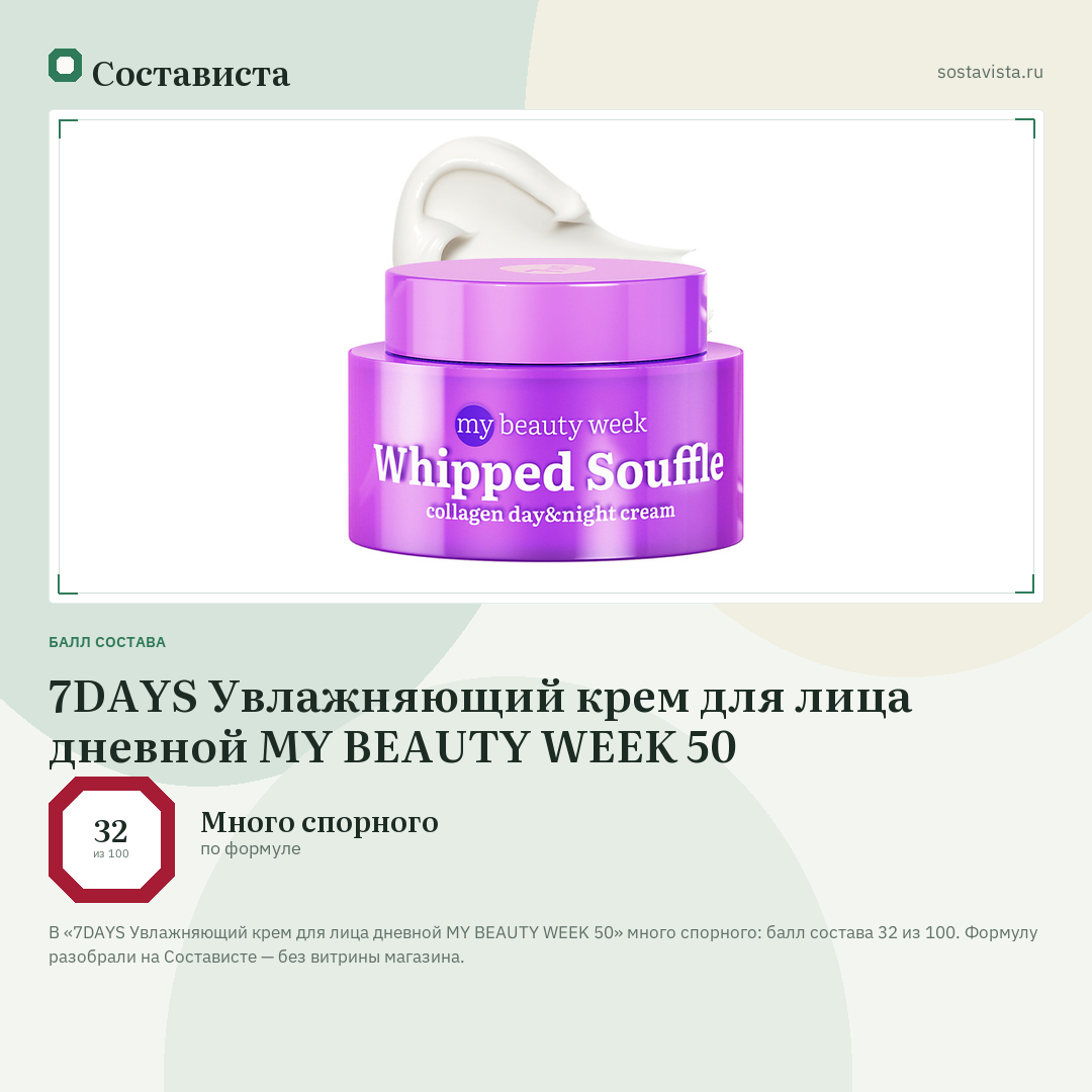 7DAYS Увлажняющий крем для лица дневной MY BEAUTY WEEK 50: балл состава 32 из 100 — Состависта