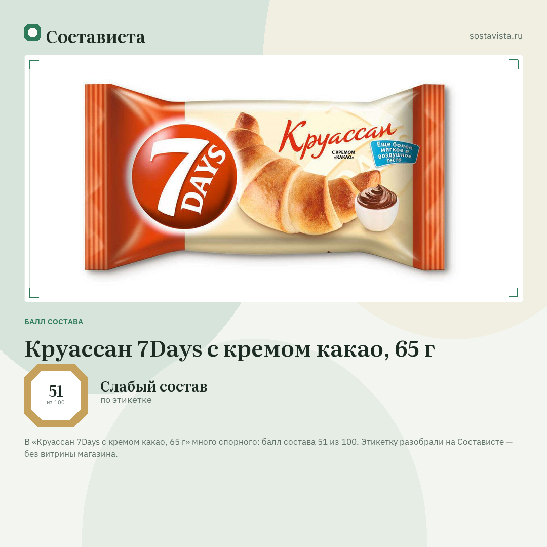 Круассан 7Days с кремом какао, 65 г: балл состава 51 из 100 — Состависта