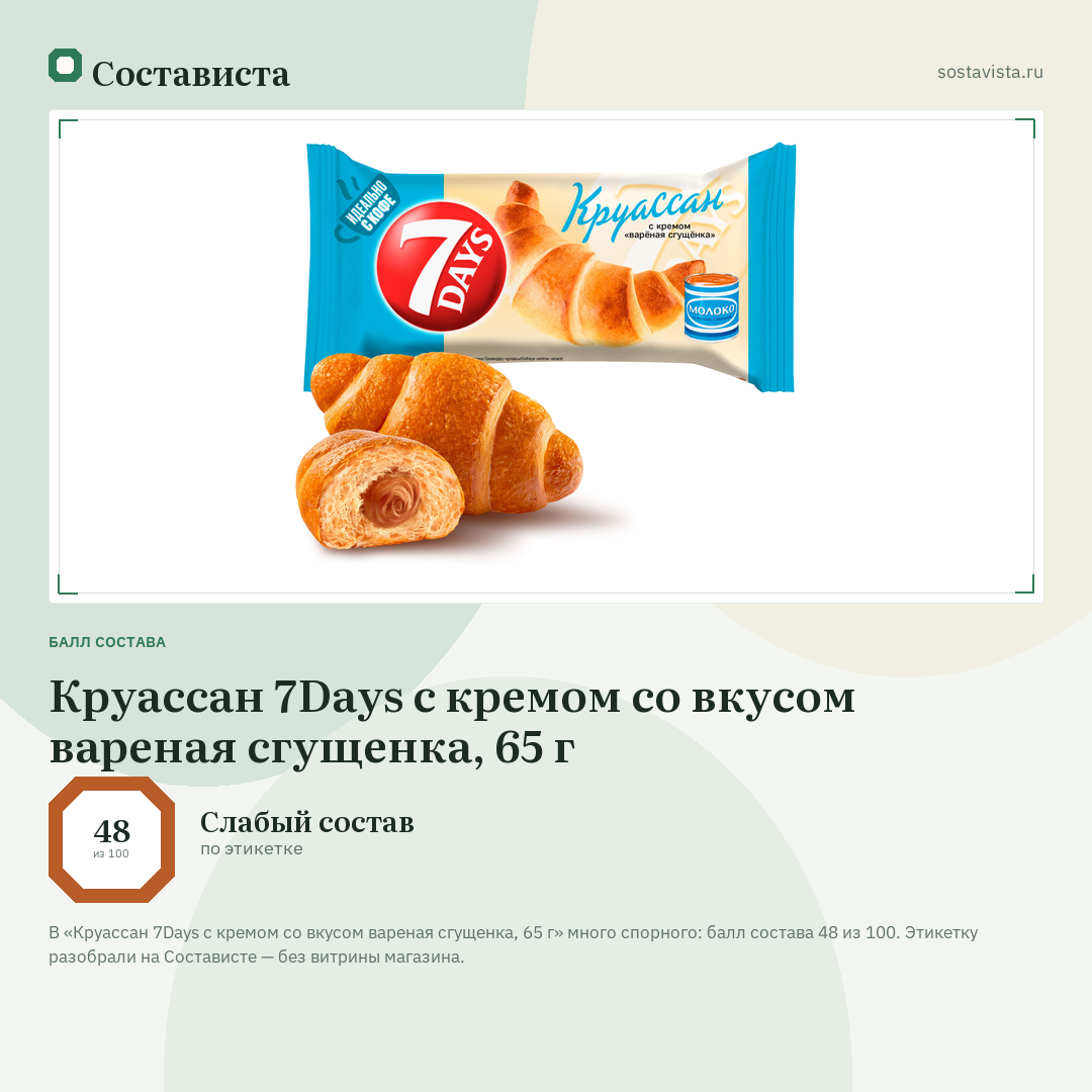 Круассан 7Days с кремом со вкусом вареная сгущенка, 65 г: балл состава 48 из 100 — Состависта
