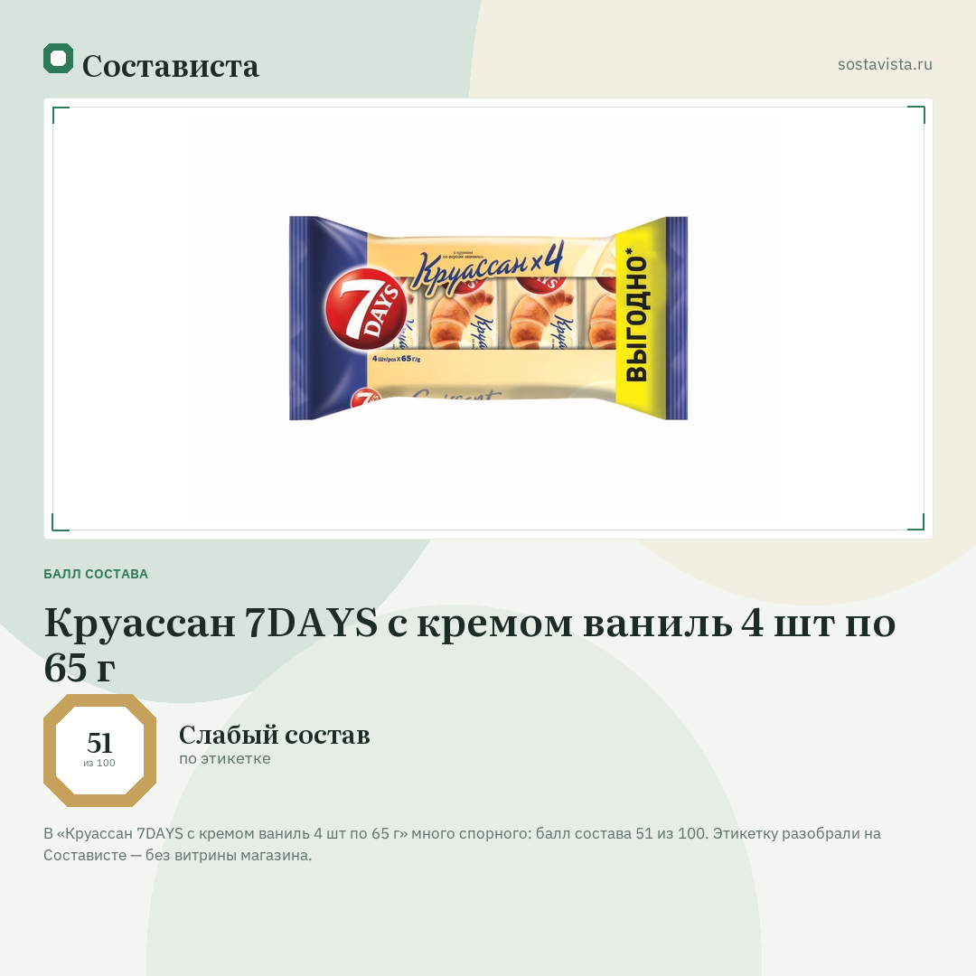 Круассан 7DAYS с кремом ваниль 4 шт по 65 г: балл состава 51 из 100 — Состависта