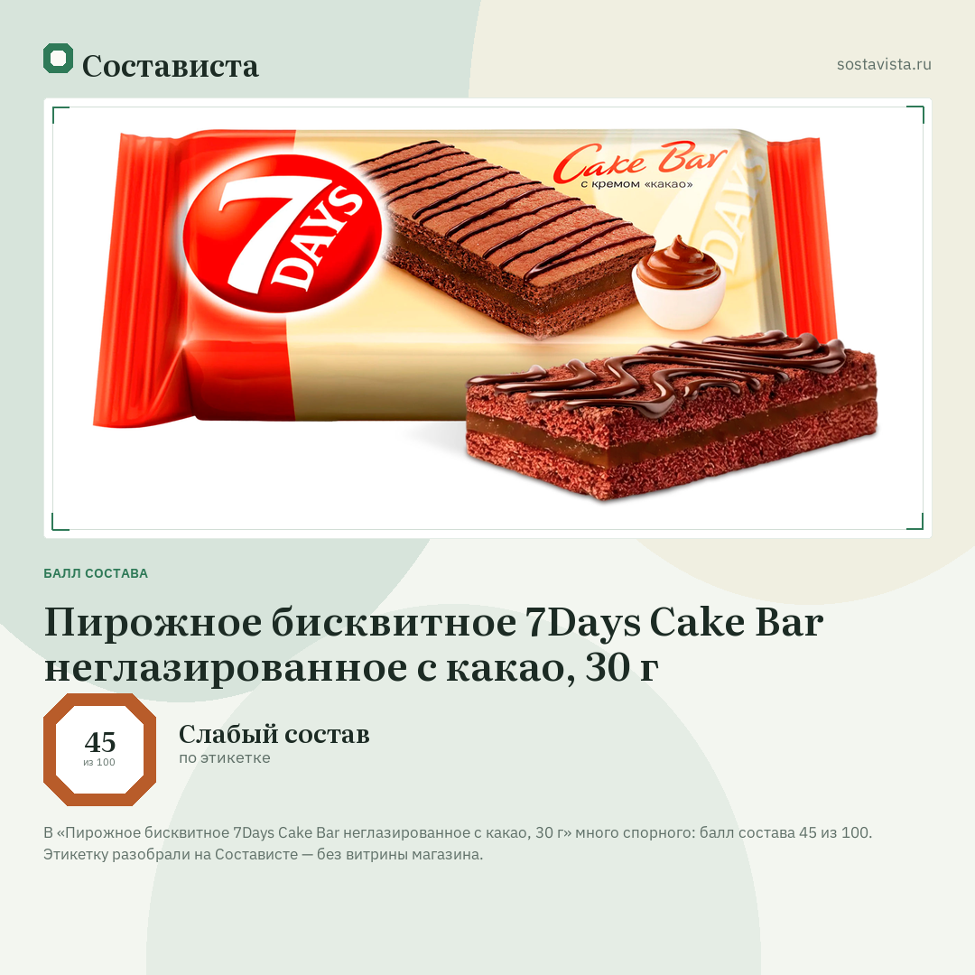 Пирожное бисквитное 7Days Cake Bar неглазированное с какао, 30 г: балл состава 45 из 100 — Состависта