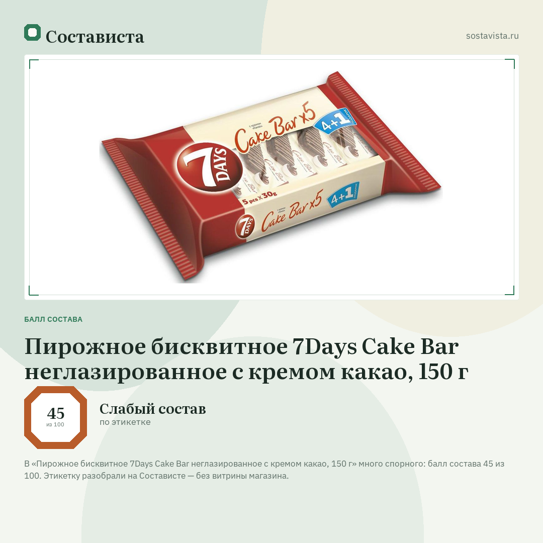 Пирожное бисквитное 7Days Cake Bar неглазированное с кремом какао, 150 г: балл состава 45 из 100 — Состависта