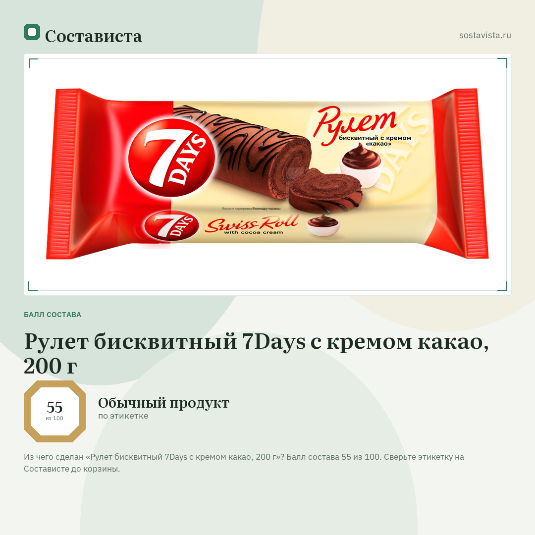 Рулет бисквитный 7Days с кремом какао, 200 г: балл состава 55 из 100 — Состависта