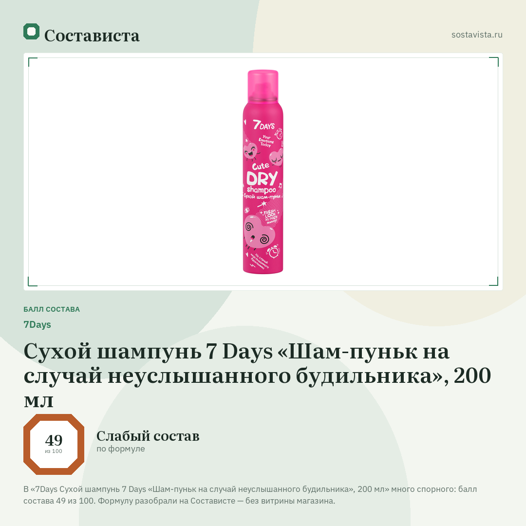 7Days Сухой шампунь 7 Days «Шам-пуньк на случай неуслышанного будильника», 200 мл: балл состава 49 из 100 — Состависта