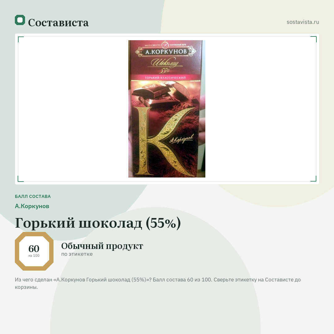 А.Коркунов Горький шоколад (55%): балл состава 60 из 100 — Состависта