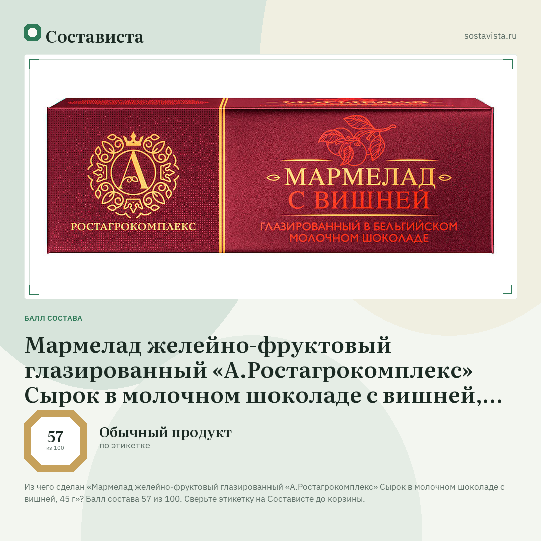 Мармелад желейно-фруктовый глазированный «А.Ростагрокомплекс» Сырок в молочном шоколаде с вишней, 45 г: балл состава 57 из 100 — Состависта