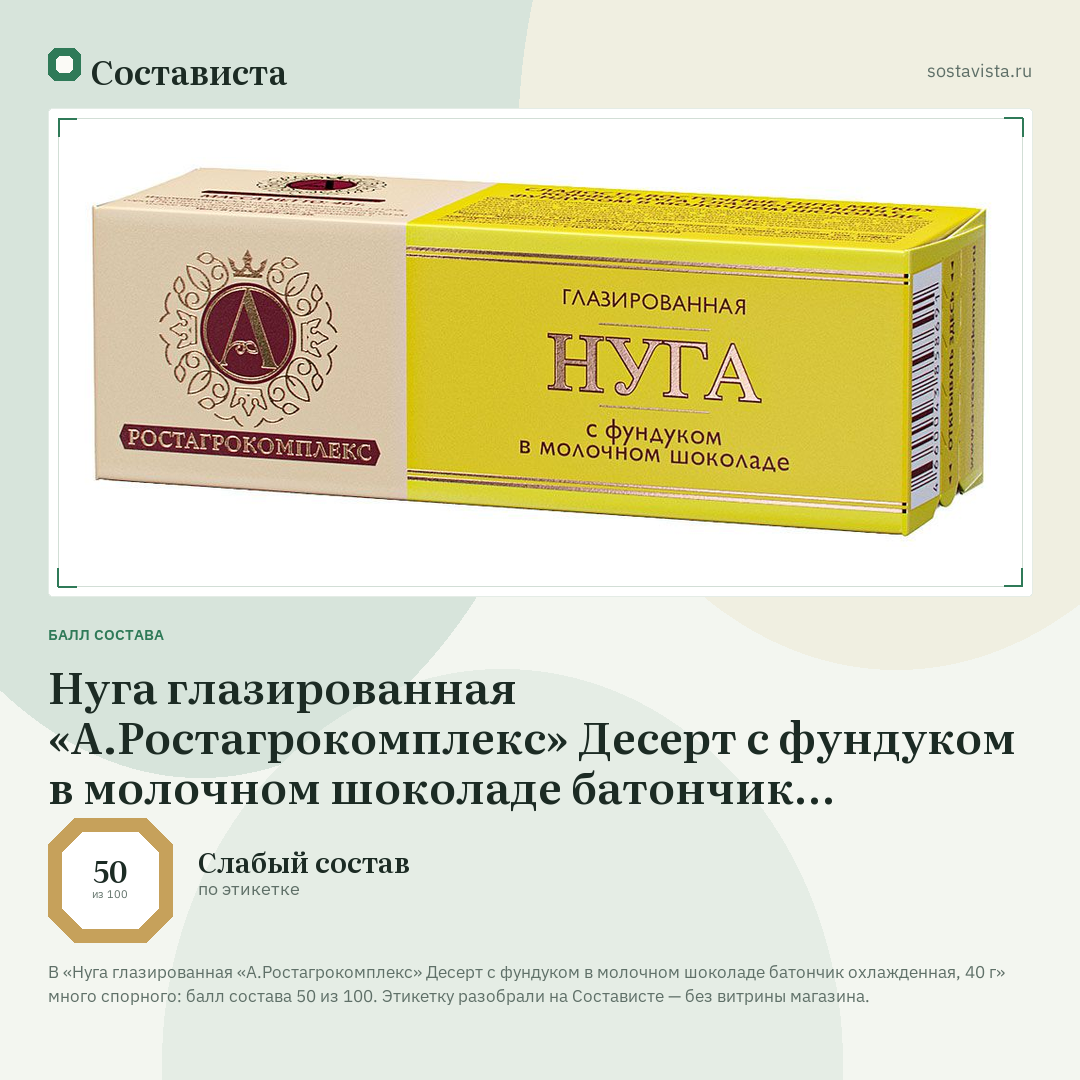 Нуга глазированная «А.Ростагрокомплекс» Десерт с фундуком в молочном шоколаде батончик охлажденная, 40 г: балл состава 50 из 100 — Состависта