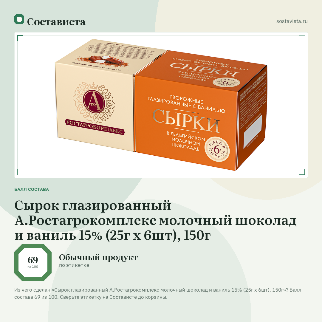 Сырок глазированный А.Ростагрокомплекс молочный шоколад и ваниль 15% (25г x 6шт), 150г: балл состава 69 из 100 — Состависта