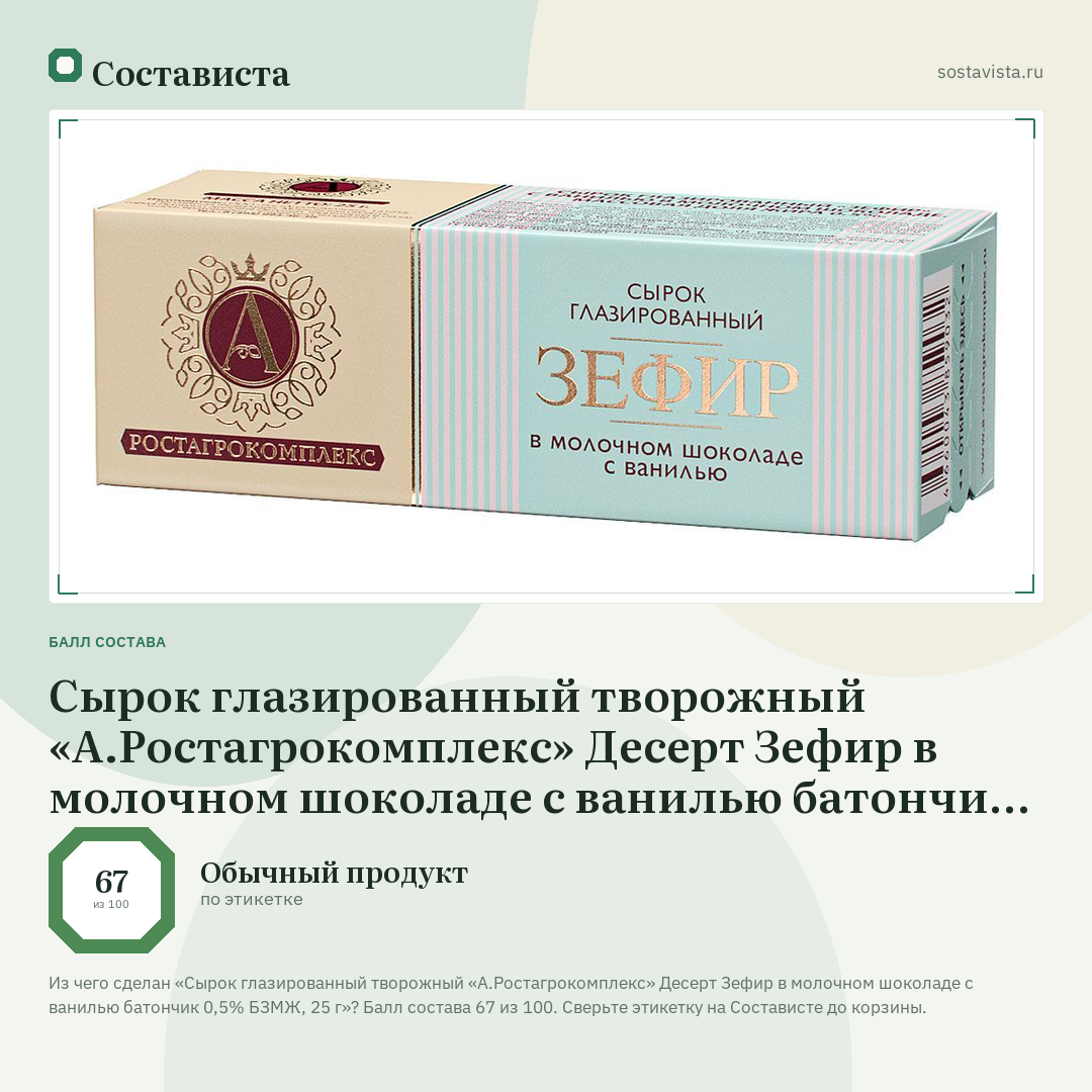 Сырок глазированный творожный «А.Ростагрокомплекс» Десерт Зефир в молочном шоколаде с ванилью батончик 0,5% БЗМЖ, 25 г: балл состава 67 из 100 — Состависта