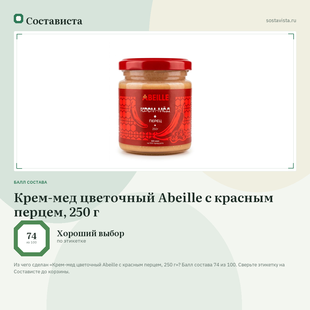 Крем-мед цветочный Abeille с красным перцем, 250 г: балл состава 74 из 100 — Состависта