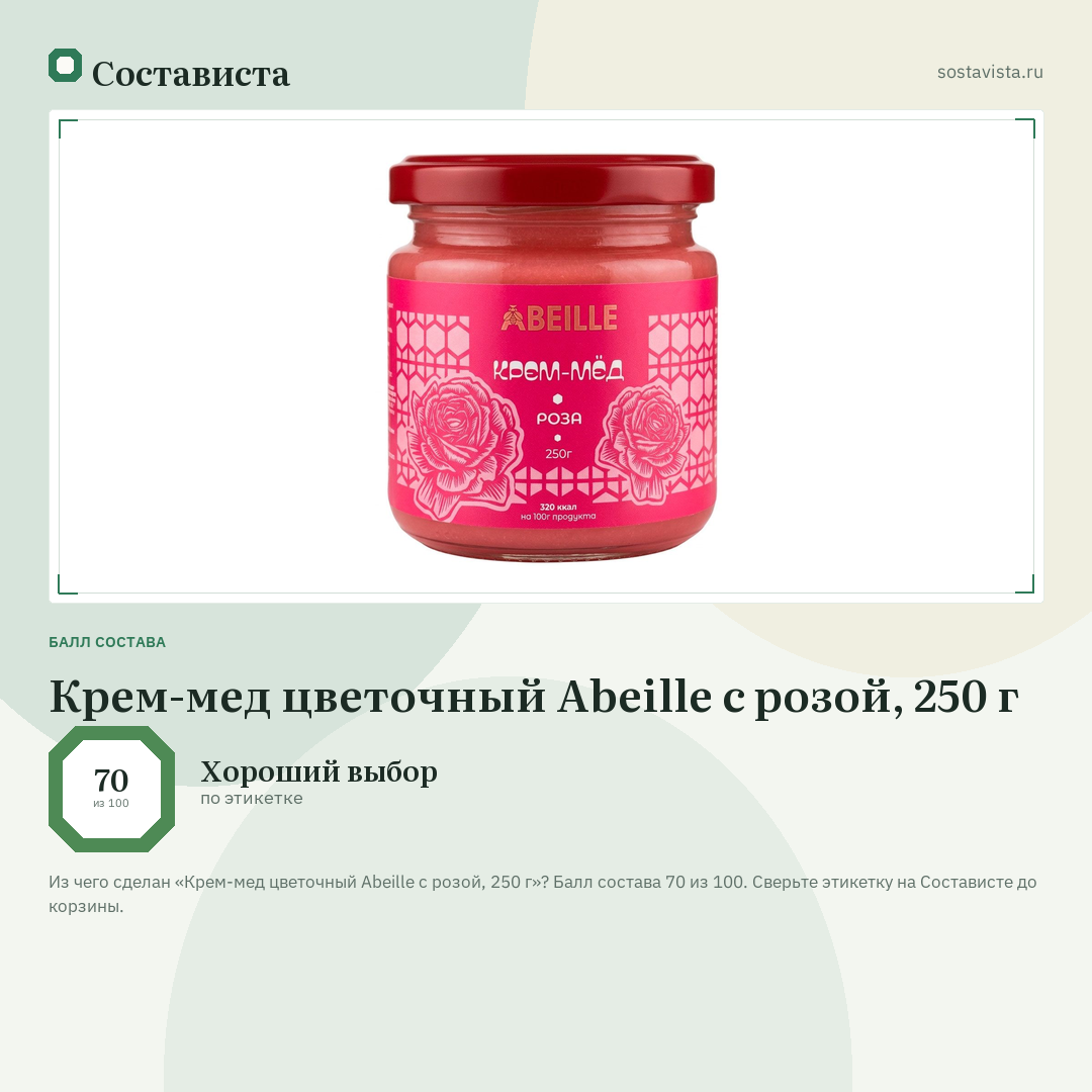 Крем-мед цветочный Abeille с розой, 250 г: балл состава 70 из 100 — Состависта
