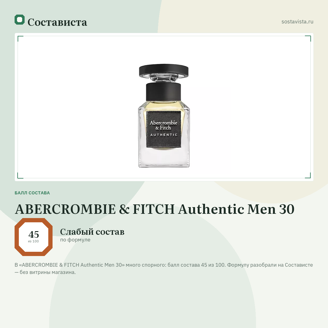 ABERCROMBIE & FITCH Authentic Men 30: балл состава 45 из 100 — Состависта