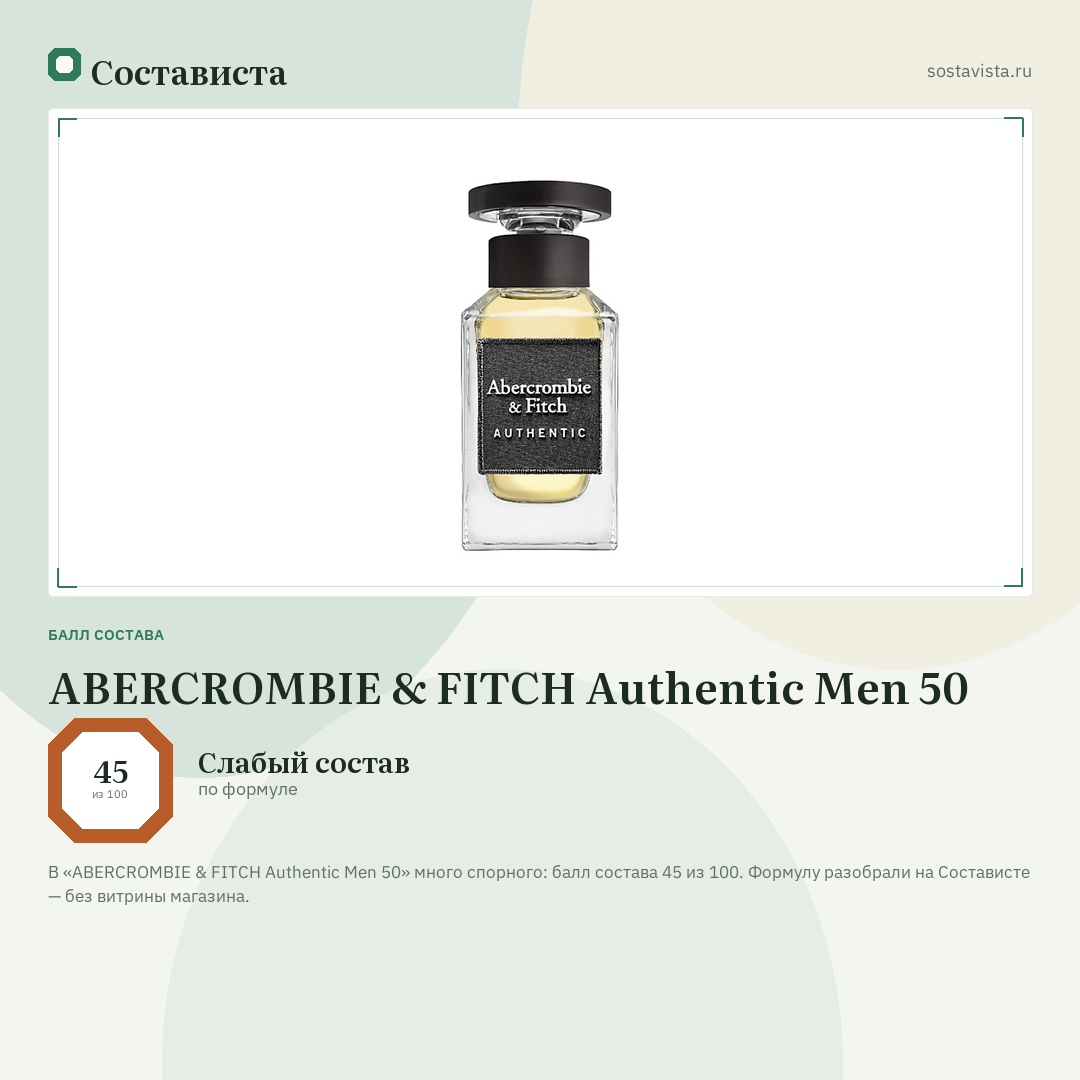 ABERCROMBIE & FITCH Authentic Men 50: балл состава 45 из 100 — Состависта