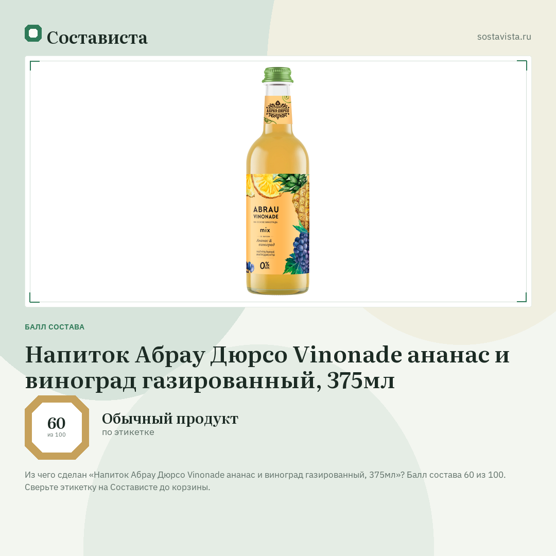 Напиток Абрау Дюрсо Vinonade ананас и виноград газированный, 375мл: балл состава 60 из 100 — Состависта