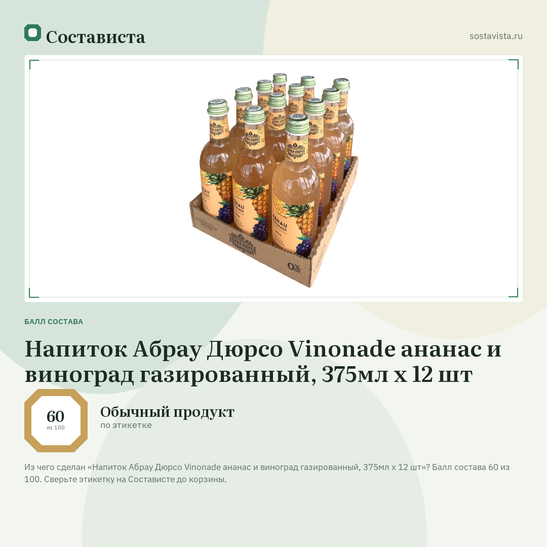 Напиток Абрау Дюрсо Vinonade ананас и виноград газированный, 375мл x 12 шт: балл состава 60 из 100 — Состависта