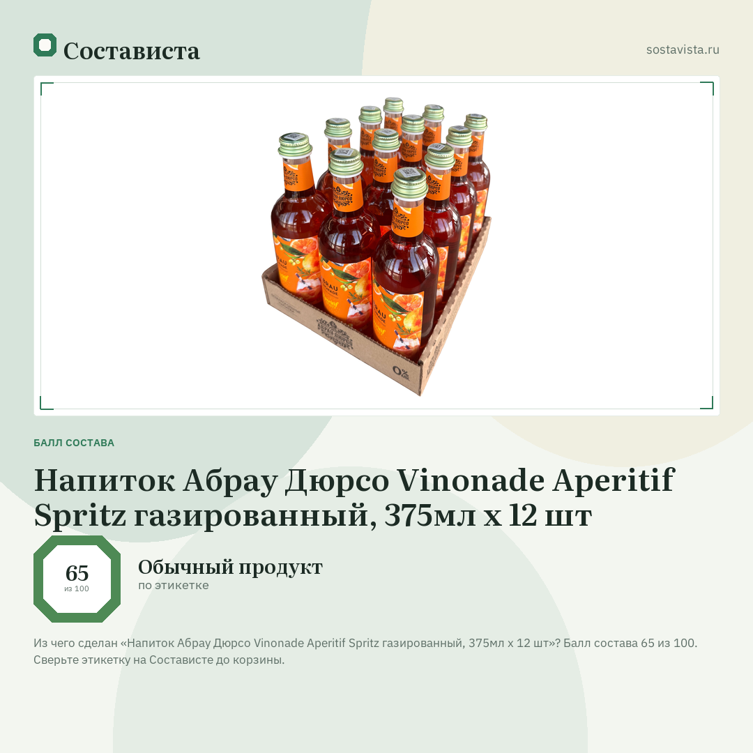 Напиток Абрау Дюрсо Vinonade Aperitif Spritz газированный, 375мл x 12 шт: балл состава 65 из 100 — Состависта