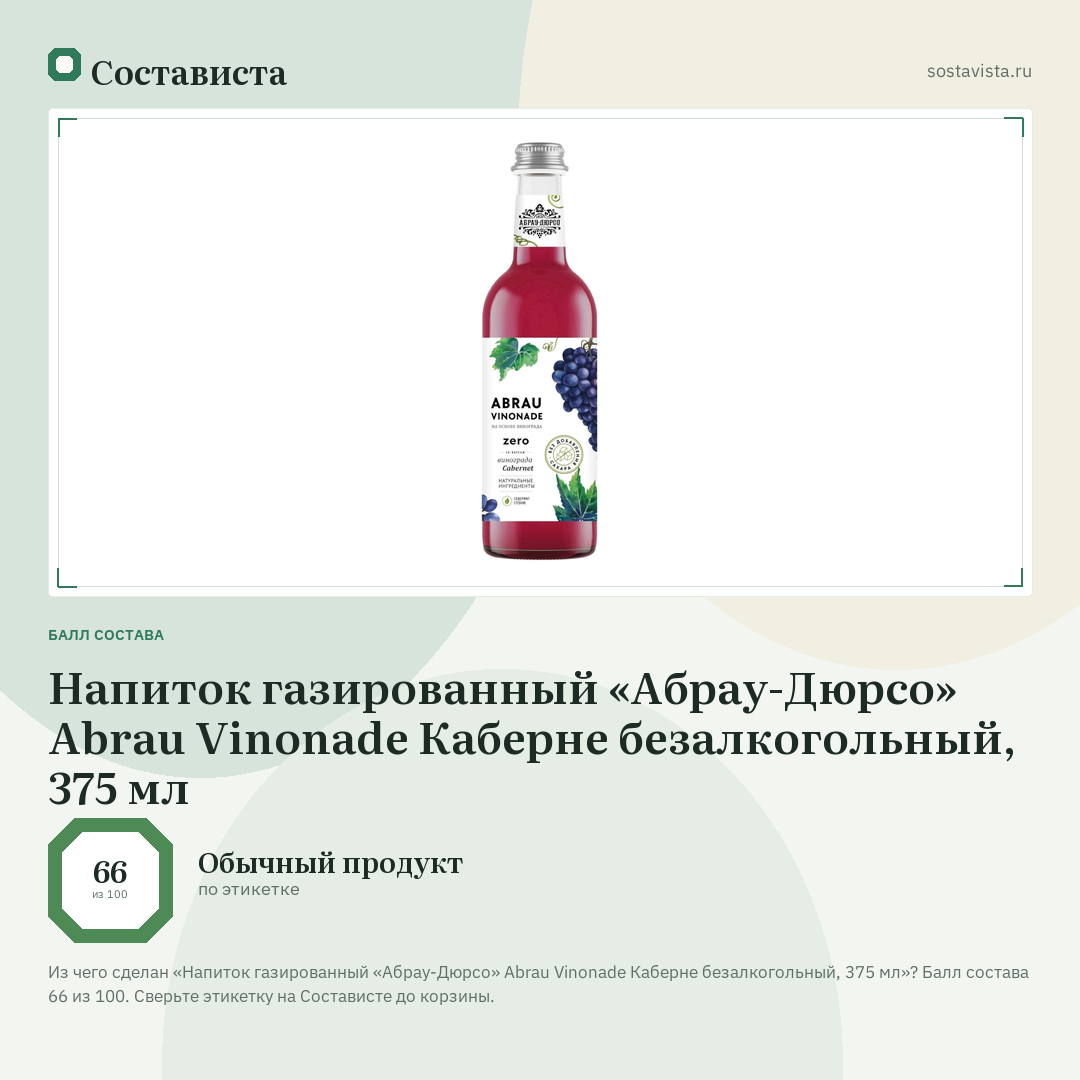 Напиток газированный «Абрау-Дюрсо» Abrau Vinonade Каберне безалкогольный, 375 мл: балл состава 66 из 100 — Состависта