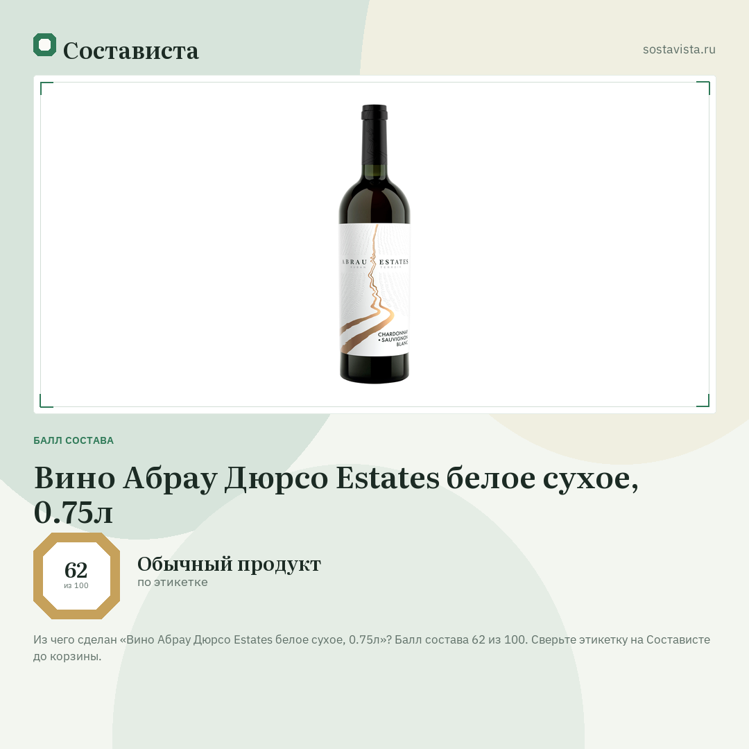 Вино Абрау Дюрсо Estates белое сухое, 0.75л: балл состава 62 из 100 — Состависта