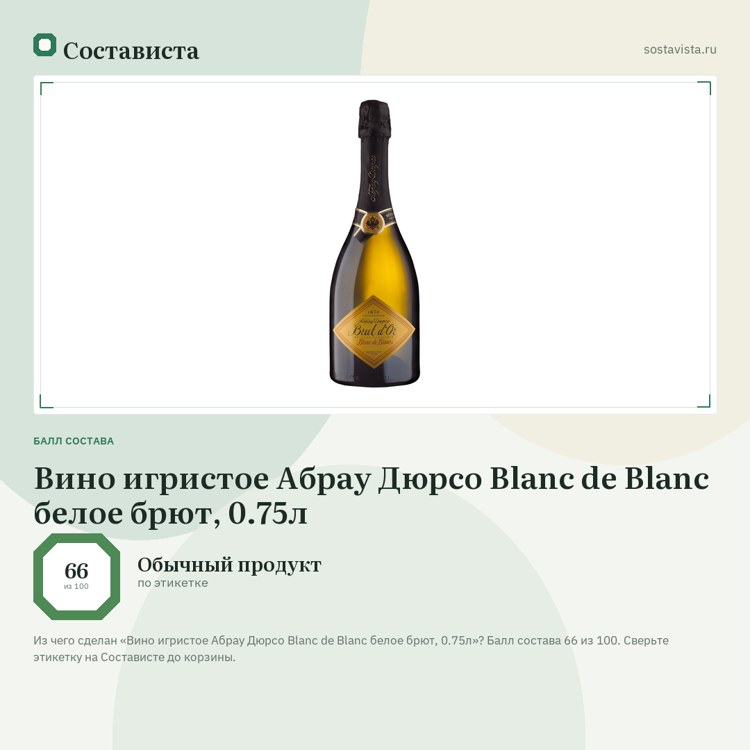 Вино игристое Абрау Дюрсо Blanc de Blanc белое брют, 0.75л: балл состава 66 из 100 — Состависта