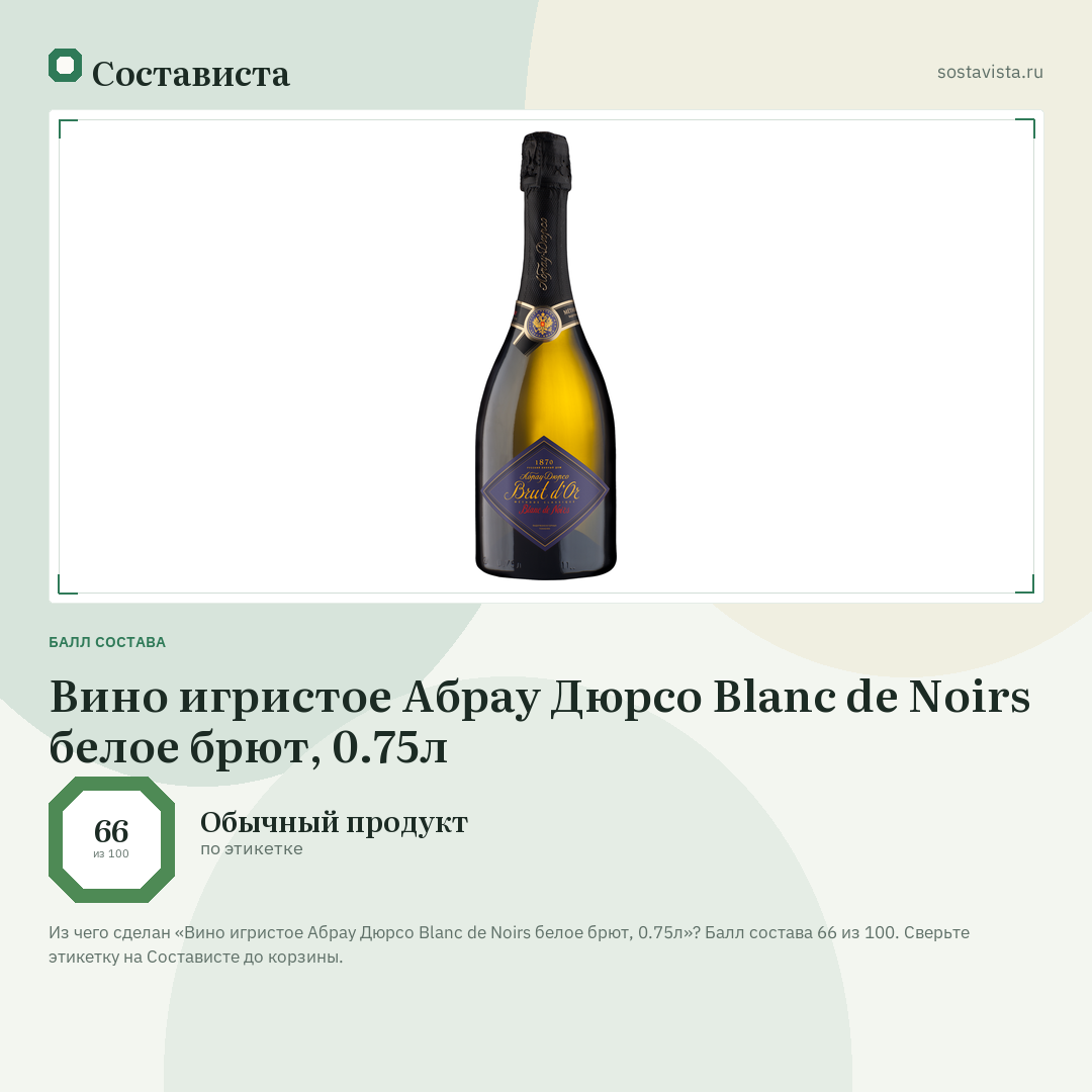 Вино игристое Абрау Дюрсо Blanc de Noirs белое брют, 0.75л: балл состава 66 из 100 — Состависта
